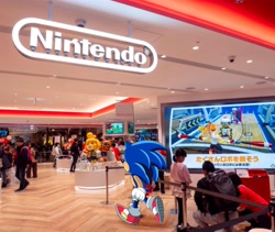 Size: 4096x3462 | Tagged: safe, artist:gummiipop, sonic the hedgehog, hedgehog, human, animal crossing, clenched fist, group, indoors, japanese text, nintendo, shop, solo focus, sonic characters walking into stores, walking
