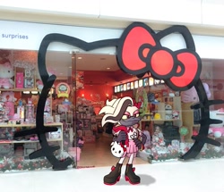 Size: 1556x1336 | Tagged: safe, artist:drstarline, dr. starline, alternate outfit, bow, hello kitty, jacket, photographic background, platypus, shop, signature, skirt, smile, solo, sonic characters walking into stores, standing, storefront