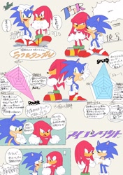 Size: 1438x2048 | Tagged: safe, artist:dski, knuckles the echidna, sonic the hedgehog, echidna, hedgehog, clenched fists, duo, frown, grey background, hand on another's shoulder, japanese text, simple background, smile, speech bubble, standing