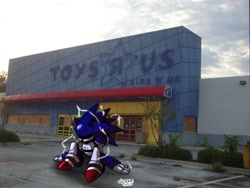 Size: 1024x768 | Tagged: safe, artist:america senpai, mecha sonic, daytime, electricity, outdoors, robot, signature, sitting, solo, sonic characters walking into stores, storefront