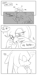 Size: 1000x2000 | Tagged: safe, artist:yvjvreb31ponkcc, amy rose, knuckles the echidna, sonic the hedgehog, echidna, hedgehog, ..., arms folded, black and white, comic, crying, dialogue, eyes closed, korean text, monochrome, sad, speech bubble, tears, trio