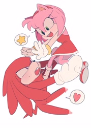 Size: 2000x2797 | Tagged: safe, artist:yvjvreb31ponkcc, amy rose, knuckles the echidna, echidna, hedgehog, amy's halterneck dress, arms out, duo, heart, looking at each other, mouth open, simple background, smile, star (symbol), white background