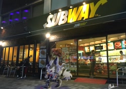 Size: 842x595 | Tagged: safe, artist:mush_0106, infinite the jackal, human, jackal, food, holding something, infinite's mask, mouth open, outdoors, sandwich, signature, solo, sonic characters walking into stores, standing, storefront, walking