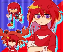 Size: 1500x1225 | Tagged: safe, artist:sennv298, knuckles the echidna, human, abstract background, arms folded, humanized, lidded eyes, looking at viewer, solo, standing on one leg