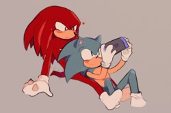 Size: 2048x1357 | Tagged: safe, artist:secrettps, knuckles the echidna, sonic the hedgehog, echidna, hedgehog, blushing, duo, gay, grey background, heart, holding something, knuxonic, looking at them, lying down, nintendo switch, shipping, simple background, sitting, smile
