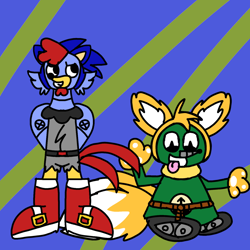 Size: 1280x1280 | Tagged: safe, artist:bluedeerfox14, grounder, miles "tails" prower, scratch, sonic the hedgehog, adventures of sonic the hedgehog, disguise, duo, robot, shoes