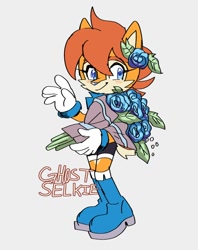 Size: 832x1050 | Tagged: safe, artist:gh0stselkie, sally acorn, chipmunk, blue rose, blush, flower, flower in hair, looking offscreen, ringblader outfit, simple background, solo, waving, white background