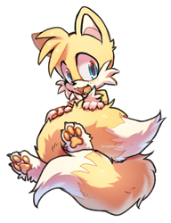 Size: 1569x2048 | Tagged: safe, artist:mirikun, miles "tails" prower, fox, blushing, claws, cute, fangs, fluffy, happy, holding something, holding tail, looking at viewer, male, open mouth, pawpads, signature, simple background, solo, tailabetes, watermark, white background, wrapped in tails