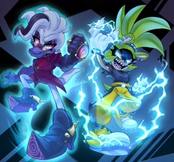 Size: 2048x1910 | Tagged: safe, artist:brynndoodles, dr. starline, surge the tenrec, tenrec, claws, duo, earring, electricity, eyelashes, featured image, female, fist, glasses, gloves, glowing eyes, grin, lightning, looking at each other, male, mouth open, platypus, ponytail, posing, ring, sharp teeth, shoes, smile, spike, spiked bracelet, tricore