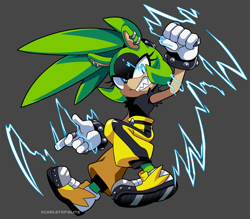 Size: 1400x1224 | Tagged: safe, artist:scarletopalite, surge the tenrec, tenrec, belt, bracelet, clenched teeth, earring, electricity, eyelashes, featured image, female, fingergun, fist, gloves, glowing eyes, grey background, looking offscreen, ponytail, posing, ring, sharp teeth, shoes, signature, simple background, solo, watermark
