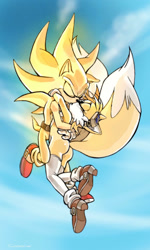 Size: 1024x1708 | Tagged: suggestive, artist:twisted-wind, miles "tails" prower, sonic the hedgehog, super sonic, fox, hedgehog, female, gender swap, half r63 shipping, kiss, male, mid-air, shipping, sonic x tails, straight, super form, twisted tails