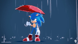 Size: 1280x720 | Tagged: safe, artist:drexis, sonic the hedgehog, hedgehog, sonic unleashed, 3d, animated, blue background, boots, frown, holding something, lidded eyes, rain, simple background, solo, sound, standing, umbrella, water, webm