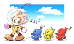 Size: 1200x712 | Tagged: safe, artist:limehazard, cream the rabbit, chao, child, crossover, dark chao, hero chao, marching, neutral chao, pikmin, spacesuit