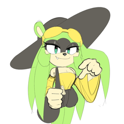 Size: 1500x1500 | Tagged: safe, artist:maniacxvii, surge the tenrec, tenrec, alternate hairstyle, alternate outfit, eyelashes, fangs, female, glasses, hat, holding something, looking at viewer, one fang, pointing, purse, simple background, smile, solo, sunglasses, white background