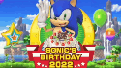 Size: 1280x720 | Tagged: safe, artist:existingdebeing, sonic the hedgehog, hedgehog, green hill zone, 3d, animated, anniversary, balloon, birthday, cake, cloud, food, hand up, looking at viewer, mouth open, punching, smile, solo, water, webm