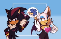 Size: 1199x766 | Tagged: safe, artist:amasc0met, rouge the bat, shadow the hedgehog, sonic the hedgehog, bat, hedgehog, 31 days sonic, abstract background, cellphone, hearts