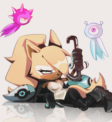 Size: 1177x1280 | Tagged: safe, artist:cavebaxter, whisper the wolf, wisp, wolf, beige background, boots, cape, claws, cloak, eyelashes, female, gloves, hair over one eye, holding something, kneepads, looking at viewer, lying down, mask, one fang, ponytail, reflection, shoes, signature, simple background, wispon