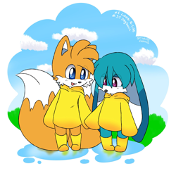 Size: 2048x1990 | Tagged: safe, artist:cintiatc, kit the fennec, miles "tails" prower, fox, 31 days sonic, boots, child, clouds, cute, duo, fennec, grass, hair over one eye, holding hands, kitabetes, looking at them, looking down, male, puddle, raincoat, reflection, signature, tailabetes, water