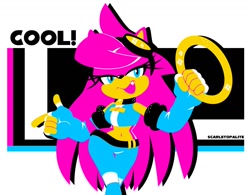 Size: 1300x1013 | Tagged: safe, artist:scarletopalite, oc, oc:scarlet the hedgehog, hedgehog, abstract background, cmyk palette, featured image, goggles, limited palette, lineless, looking at viewer, one fang, pointing, ring, solo