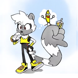Size: 2164x2164 | Tagged: safe, artist:kylesmeallie, tangle the lemur, lemur, abstract background, banana, boba tea, solo, tail hold, tangle's running suit, thinking, thought bubble