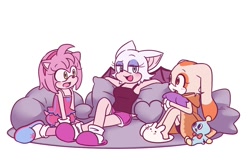 Size: 1080x720 | Tagged: safe, artist:rockcandysnl, amy rose, cheese (chao), cream the rabbit, rouge the bat, bat, chao, hedgehog, rabbit, 31 days sonic, child, neutral chao, simple background, talking, white background