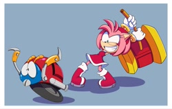 Size: 2009x1281 | Tagged: safe, artist:scott forester, amy rose, moto bug, hedgehog, abstract background, piko piko hammer, robot