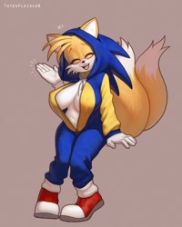 Size: 720x902 | Tagged: suggestive, artist:totesfleisch8, miles "tails" prower, fox, busty tails, gender swap, hoodie, implied sonic, kigurumi, looking at viewer, simple background, sitting, solo, waving