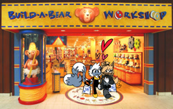 Size: 2000x1257 | Tagged: safe, artist:medleyrush, tangle the lemur, whisper the wolf, bear, lemur, wolf, bag, duo, heart, indoors, lesbian, photographic background, shipping, shop, smile, sonic characters walking into stores, storefront, stuffed animal, tangle x whisper, walking