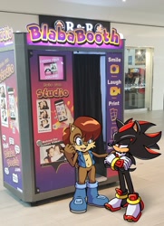 Size: 1440x1993 | Tagged: safe, artist:vrhyoumaru, sally acorn, shadow the hedgehog, chipmunk, hedgehog, arms folded, duo, indoors, kissing booth, lidded eyes, looking at them, mouth open, photographic background, pointing, sally's vest and boots, smile, sonic characters walking into stores, standing, text