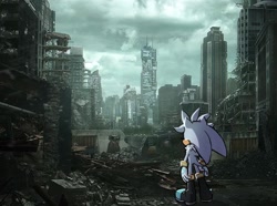 Size: 1410x1047 | Tagged: safe, artist:aideneye, artist:aideneye99, silver the hedgehog, hedgehog, building, clenched fist, clouds, from behind, skyscraper, solo, sonic characters walking into stores, standing