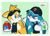 Size: 2048x1463 | Tagged: safe, artist:lacuevaderattah, kit the fennec, miles "tails" prower, sonic the hedgehog, surge the tenrec, fox, abstract background, apron, border, bracelet, burger king, cap, duo, fennec, glaring, gloves, hand on hip, hat, holding something, looking at each other, mcdonalds, signature, visor