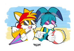 Size: 2048x1407 | Tagged: safe, artist:lacuevaderattah, kit the fennec, miles "tails" prower, fox, abstract background, backpack, backwards cap, ball, beach, beach ball, bracelet, cap, chest fluff, duo, fennec, glasses, gloves, happy, hat, holding something, looking offscreen, one fang, open mouth, pointing, ponytail, signature, smile, sunglasses, umbrella