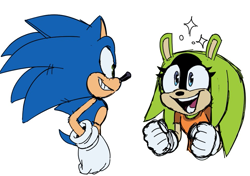 Size: 979x689 | Tagged: safe, artist:lemon eyebrows, sonic the hedgehog, surge the tenrec, hedgehog, tenrec, alternate hairstyle, alternate outfit, back quills, duo, eyelashes, female, fist, grin, hand on hip, happy, looking at each other, male, open mouth, shirt, simple background, smile, sparkles, white background