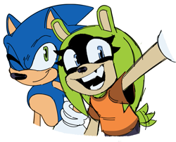 Size: 843x682 | Tagged: safe, artist:lemon eyebrows, sonic the hedgehog, surge the tenrec, hedgehog, tenrec, alternate hairstyle, alternate outfit, duo, eyelashes, female, gloves, hand on hip, happy, looking at viewer, looking offscreen, male, one fang, open mouth, selfie, shirt, simple background, smile, tail wagging, wagging tail, white background