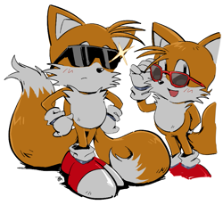 Size: 805x742 | Tagged: safe, artist:___gyhu4, miles "tails" prower, fox, child, classic tails, duality, hands on hips, simple background, solo, sunglasses, white background