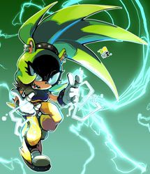 Size: 1566x1821 | Tagged: safe, artist:sanikink, surge the tenrec, tenrec, bracelet, earring, electricity, eyelashes, female, gloves, glowing eyes, gradient background, looking at viewer, pants, ponytail, ring, sharp teeth, shirt, shoes, signature, smirk, solo