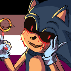 Size: 512x512 | Tagged: semi-grimdark, artist:orcatheartist, sonic the hedgehog, oc, oc:sonic.exe, hedgehog, asexual pride, black sclera, bleeding from eyes, blood, evil grin, gloves, hand on own face, icon, looking at viewer, pride flag background, red eyes, ring, sketch, solo, spinning