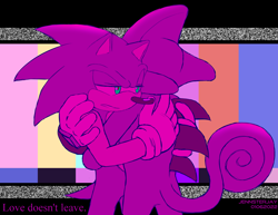 Size: 3600x2784 | Tagged: safe, artist:jennsterjay, espio the chameleon, sonic the hedgehog, hedgehog, chameleon, dialogue, duo, gay, glitch, gloves, holding each other, hugging, lidded eyes, mouth open, sad, shipping, sonespio, standing