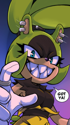 Size: 1440x2560 | Tagged: safe, artist:plague of gripes, surge the tenrec, tenrec, dialogue, earring, eyelashes, female, gloves, grin, looking at viewer, ponytail, ring, smile, solo, speech bubble