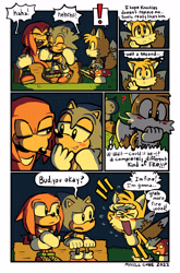 Size: 3555x5388 | Tagged: safe, artist:mykell cube, knuckles the echidna, miles "tails" prower, sonic the hedgehog, echidna, fox, hedgehog, blushing, border, comic, dialogue, exclamation mark, eyes closed, frown, gay, grass, grin, knuxonic, laughing, looking at each other, looking at them, mouth open, mushroom, nighttime, one eye closed, outdoors, question mark, sharp teeth, shipper on deck, shipping, sitting, smile, speech bubble, sweat, team sonic, thinking, thought bubble, trio, white border