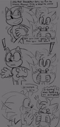 Size: 1894x4013 | Tagged: safe, artist:mykell cube, miles "tails" prower, sonic the hedgehog, fox, hedgehog, blushing, comic, dialogue, duo, exclamation mark, eyes closed, gay, grey background, greyscale, grin, holding something, implied knuxonic, knuxonic, looking at them, miles electric, monochrome, mouth open, shipper on deck, shipping, simple background, smile, speech bubble, standing, surprised, walking
