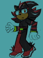 Size: 756x1024 | Tagged: safe, artist:mykell cube, shadow the hedgehog, hedgehog, alternate outfit, blue background, looking at viewer, pants, shirt, simple background, solo, standing