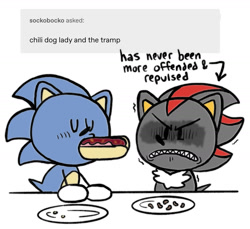 Size: 1702x1559 | Tagged: safe, artist:mykell cube, shadow the hedgehog, sonic the hedgehog, hedgehog, angry, ask, chili dog, clenched teeth, duo, eyes closed, food, gay, plate, shadow x sonic, shipping, simple background, sonic the sketchog style, table, text, white background