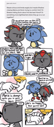 Size: 1687x3976 | Tagged: safe, artist:mykell cube, shadow the hedgehog, sonic the hedgehog, hedgehog, ..., ask, comic, crying, dialogue, duo, frown, gay, holding hands, implied maria, looking at each other, looking at them, panels, pointing, sad, shadow x sonic, shipping, simple background, smile, sonic the sketchog style, standing, tears, text, white background