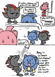 Size: 2530x3514 | Tagged: safe, artist:mykell cube, amy rose, shadow the hedgehog, sonic the hedgehog, hedgehog, amy's halterneck dress, bathroom, bathtub, comic, dialogue, drinking, gay, indoors, looking at them, looking back, mouth open, shadow x sonic, shipping, shower, simple background, smile, sonic the sketchog style, standing, sweat, trio, water, white background