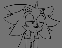 Size: 1824x1431 | Tagged: safe, artist:mykell cube, sonic the hedgehog, hedgehog, au:girl (mykell cube), frown, gender swap, grey background, greyscale, lidded eyes, messy hair, monochrome, shirt, simple background, sketch, solo, tired, trans female, transgender