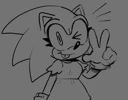 Size: 1824x1431 | Tagged: safe, artist:mykell cube, sonic the hedgehog, hedgehog, au:girl (mykell cube), dress, gender swap, grey background, greyscale, looking at viewer, monochrome, one eye closed, simple background, sketch, smile, solo, tongue out, trans female, transgender, v sign, wink