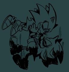 Size: 977x1024 | Tagged: safe, artist:mykell cube, shadow the hedgehog, sonic the hedgehog, hedgehog, blue background, blue theme, clenched teeth, duo, hand on another's arm, looking at each other, looking at them, monochrome, simple background