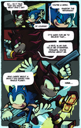 Size: 2400x3800 | Tagged: safe, artist:mykell cube, shadow the hedgehog, sonic the hedgehog, hedgehog, clenched fist, comic, dialogue, duo, frown, grin, gun, holding something, lidded eyes, looking at each other, looking at them, panels, running, shadow the hedgehog (video game), smile, speech bubble, thumbs up, weapon, wink