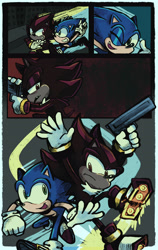 Size: 2400x3800 | Tagged: safe, artist:mykell cube, shadow the hedgehog, sonic the hedgehog, hedgehog, clenched fist, comic, duo, frown, grin, gun, holding something, lidded eyes, looking at each other, looking at them, panels, running, shadow the hedgehog (video game), smile, thumbs up, weapon, wink